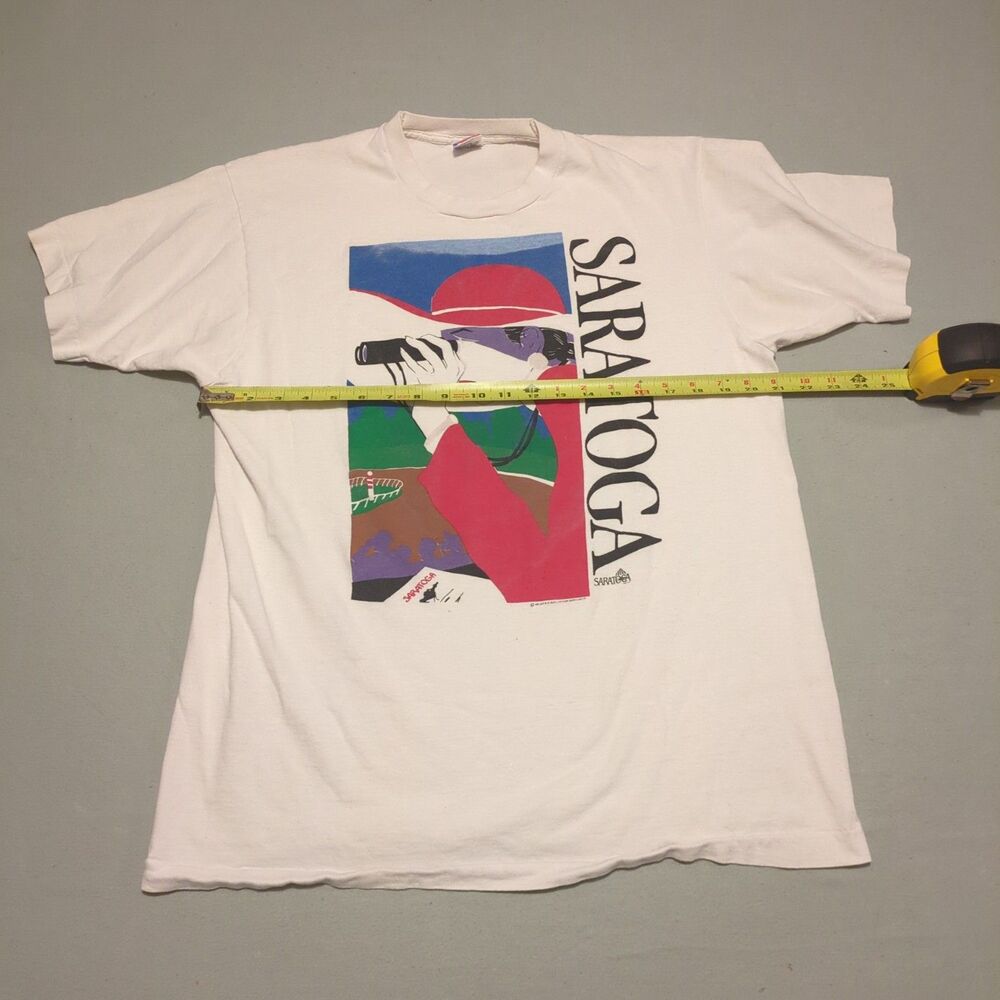 Vintage 90s Saratoga Horse Racing Art T Shirt XL Fruit of the Loom USA Made